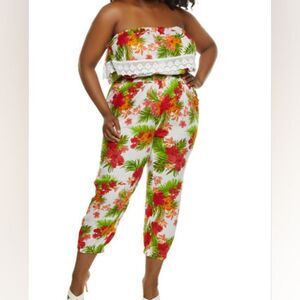 White & Floral Print Jumpsuit Plus Size
